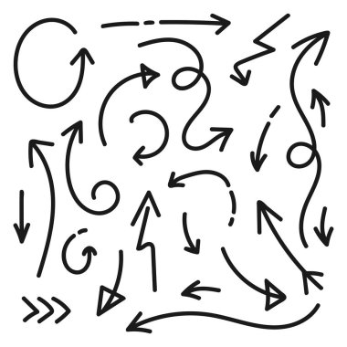 Ok simgesi koleksiyonu beyaz arkaplanda izole edildi. El çizimi ok tasarımı öğesi. Kara okları karala. Vektör illüstrasyonu.