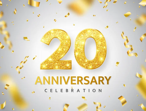 20周年記念だ 輝く金のコンフェッティとゴールド番号 蛇紋岩 祭りの背景 パーティーイベントの装飾 10年目のお祝い ベクターイラスト — ストックベクタ