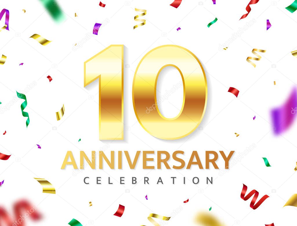 10th Anniversary celebration. Gold numbers with glitter color confetti, serpentine. Festive background. Decoration for party event. Tenth year jubilee celebration. Vector illustration.