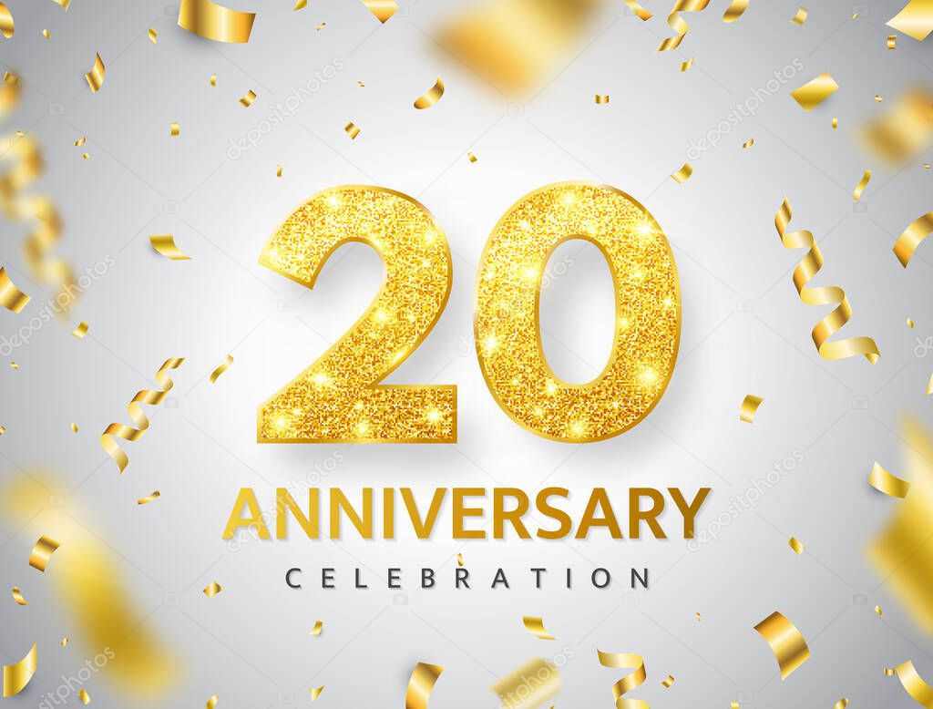 20th anniversary celebration. Gold numbers with glitter gold confetti, serpentine. Festive background. Decoration for party event. Tenth year jubilee celebration. Vector illustration.