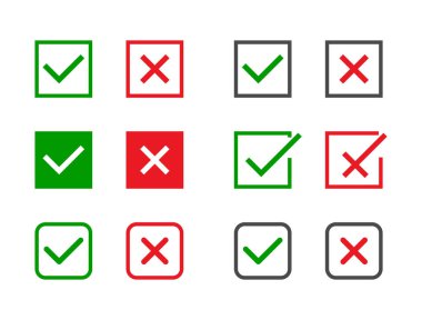 Kontrol işaretleri ayarlandı. Yeşil kene ve kırmızı haç farklı şekillerde. EVET veya HAYIR sembolünü kabul et ve reddet. İnternet düğmeleri veya web sayfası için vektör simgeleri. Vektör illüstrasyonu.