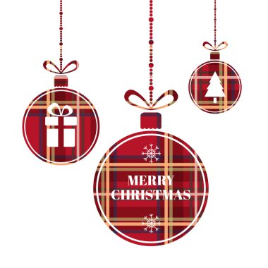 İskoç desenli Noel topları. Parlak Noel baloları, Noel ağacı, hediye, kar taneleri, kurdele. Kış tatili tasarımı. Vektör illüstrasyonu.