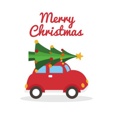 Beyaz arka planda kırmızı Noel arabası. Kırmızı arabası ve parlak Noel ağacı olan mutlu noel kartları. Kış tatili tasarımı. Vektör illüstrasyonu.