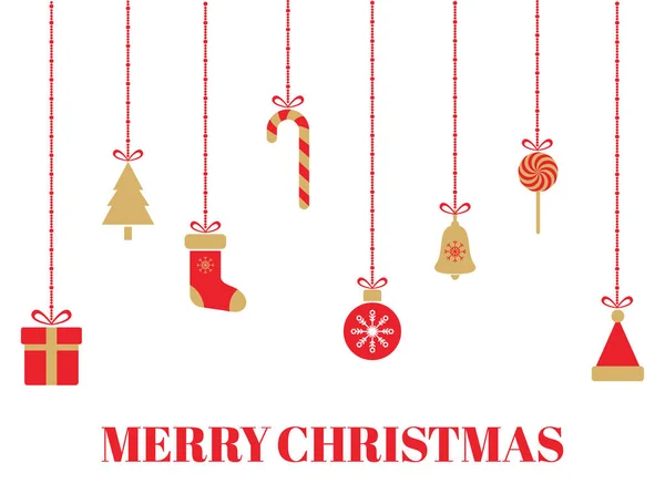 Asılı Noel oyuncakları, ağaç, hediye kutuları, kar taneleri, Noel Baba şapkası, zil, kurdele şekerlemeleri olan mutlu Noeller kartı. Kırmızı ve altın tasarım elementleri. Vektör illüstrasyonu.
