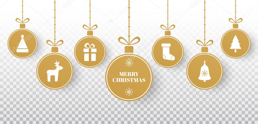 Merry Christmas gold balls set. Bright golden hanging xmas balls with Santa hat, reindeer, Christmas tree, sock, gift box,bell, snowflakes. New year holiday card. Vector illustration.