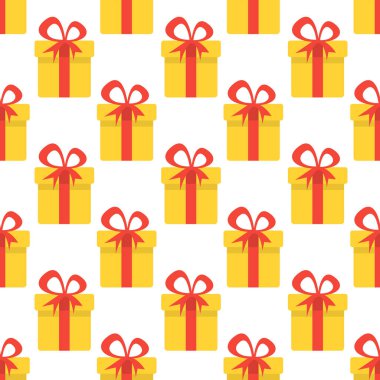 Sarı hediye kutularıyla kusursuz bir Noel deseni. Noel arkaplanı. Vektör illüstrasyonu.