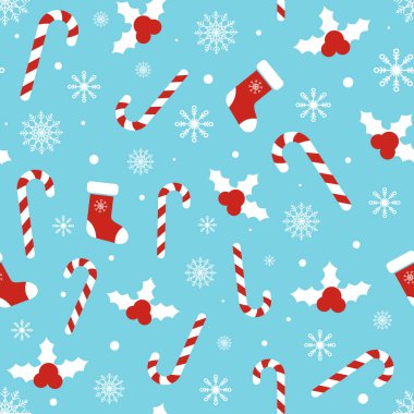 Noel desenli kutsal çilekler, baston şekerler, kostüm çorapları kar taneleri, mavi arka planda kar topları. Mutlu yıllar tasarımı. Kış tatili konsepti. Vektör illüstrasyonu.