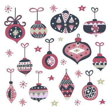 Mutlu noel baloları. Geometrik süslemeli el çizimi Xmas topları. Noel kartı şablonu. Kış tatili dekorasyonu. Vektör illüstrasyonu.