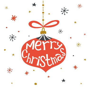 Elle çizilmiş Mutlu Noeller kartı, el yazmaları, Xmas topu, yay ve beyaz arka planda kar taneleri. Davetiyeler, tebrik kartları, posterler için kış tatili tasarımı. Vektör illüstrasyonu.