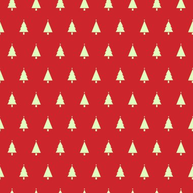Kırmızı arka planda noel ağaçları olan kusursuz bir şablon. Kış Tatili dokusu. Web arkaplanı, duvar kağıdı, ambalaj kağıdı için tasarım.