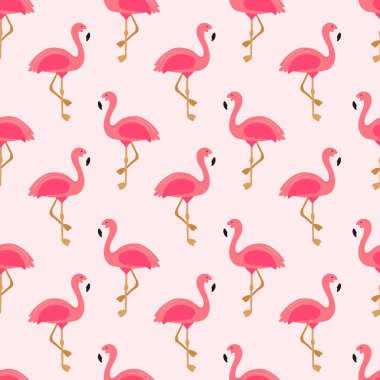 Flamingo kusursuz desen. Kumaş, tekstil, dekor ve afiş için egzotik Hawaii sanat tasarımı. Şirin flamingolu pembe arka plan. Tropik moda duvar kağıdı. Vektör illüstrasyonu.