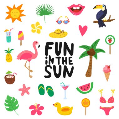 Güneş altında eğlence, yaz elementleriyle çizilmiş. Karalama flamingolu yaz tasarımı, çiçekler, tropikal meyveler, şekerler. Kartlar, posterler, davetiyeler, çıkartmalar için renk seti. Vektör illüstrasyonu.