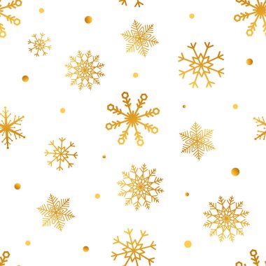 Kar taneleri pürüzsüz desenli. Altın kar taneli Noel ambalajı. Tekstil ürünleri, duvar kağıtları, kartlar için kış tasarım elementleri. Vektör illüstrasyonu.