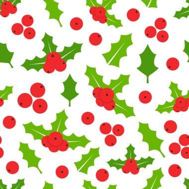 Holly böğürtlenleri pürüzsüz. Ökse otu geçmişi. Kırmızı böğürtlen ve yapraklı kış dokusu. Çelenk, festival, kart, ağ, poster, duvar kağıdı için Xmas tasarım elementleri. Vektör illüstrasyonu.