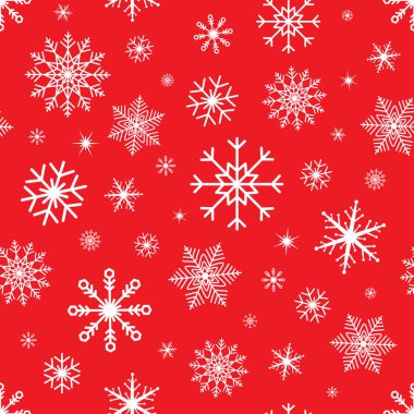 Kar taneleri olan kusursuz bir Noel geçmişi. Kırmızı arkaplanda kar tanesi vektör deseni. Kış tasarımı.