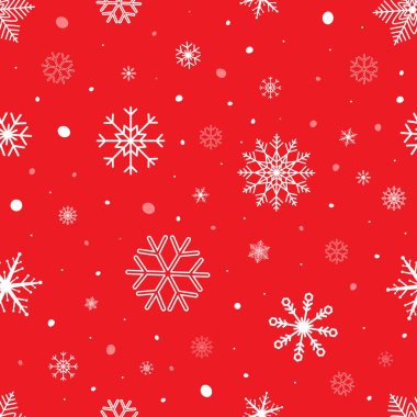 Kar taneleri olan kusursuz bir Noel geçmişi. Kırmızı arkaplanda kar tanesi vektör deseni. Kış tasarımı.