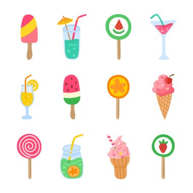 Yaz plajı partisi beyaz arka planda izole edilmiş. El yapımı kokteyller, şekerler, lolipop, dondurma koleksiyonu. Vektör illüstrasyonu.