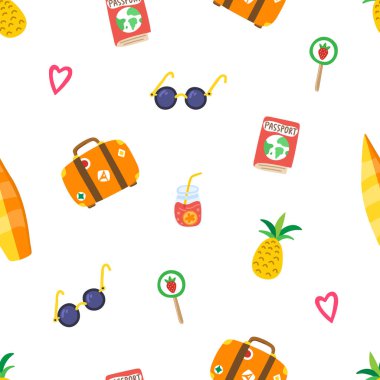 El yapımı ananas, güneş gözlüğü, bavul, pembe kalp, pasaport, kokteyl, lolipop, sörf tahtası. Basılı pankart için modern şablon. Vektör illüstrasyonu.