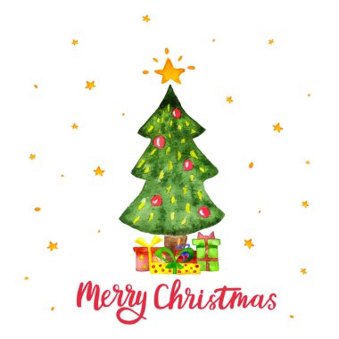 Suluboya Noel ağacı ve beyaz arka planda izole edilmiş hediye kutuları. Mutlu Noeller ve mutlu yıllar vekil tebrik kartı. Suluboya tatil tasarım elementi. Vektör illüstrasyonu.