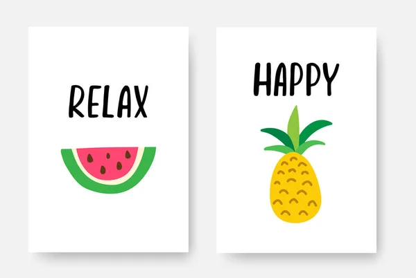 手書き文字で設定された幸せな夏のポスターA4セット スイカとパイナップルと夏休みのバナー ウェブ カードのための創造的な熱帯のデザイン ベクターイラスト — ストックベクタ