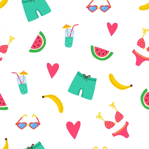 Sommerstrandmuster Mit Badeanzügen Wassermelonenstücken Banane Coctail Herzen Sommerliche Stimmung Moderne — Stockvektor