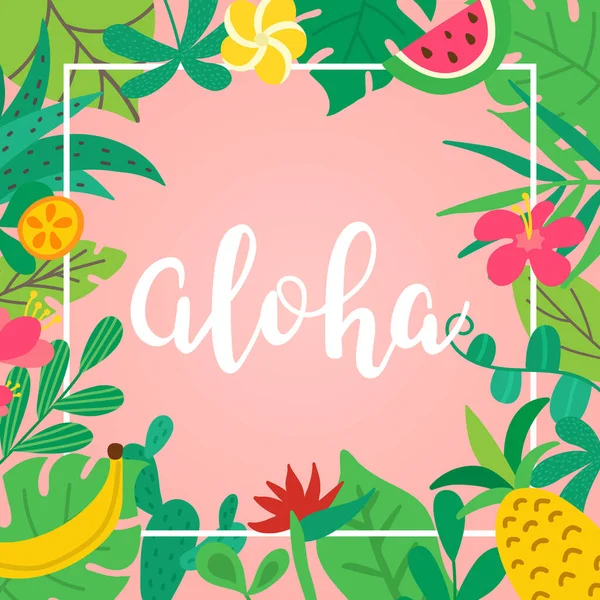 Aloha Concept Hand Drawn Lettering Pink Background Tropical Leaves Fruits — Stock Vector