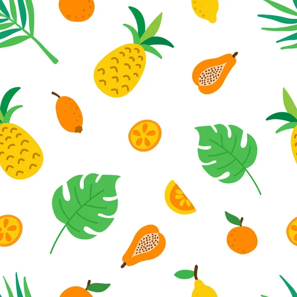 Frutas Tropicales Hojas Patrón Sin Costura Lindo Fondo Verano Con — Vector de stock