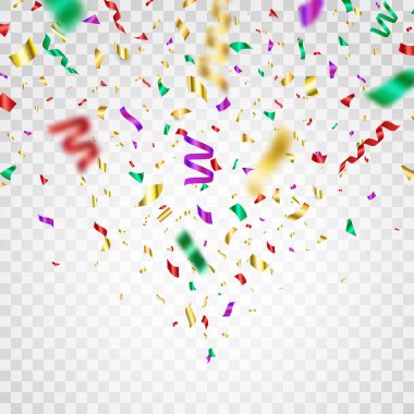 Şeffaf arka planda uçuşan renkli konfeti. Parti renk konfetisi, yılan yağı. Konfeti patlaması. Parlak şenlikli süsler. Tatil tasarım elementleri. Vektör illüstrasyonu.