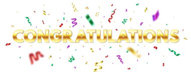 Altın metin ve renkli konfeti ile uzun afişi kutlarım. Parti dekorasyonu. Beyaz arka planda tebrik kartı. Parıltılı altın folyo dokusu. Vektör illüstrasyonu.