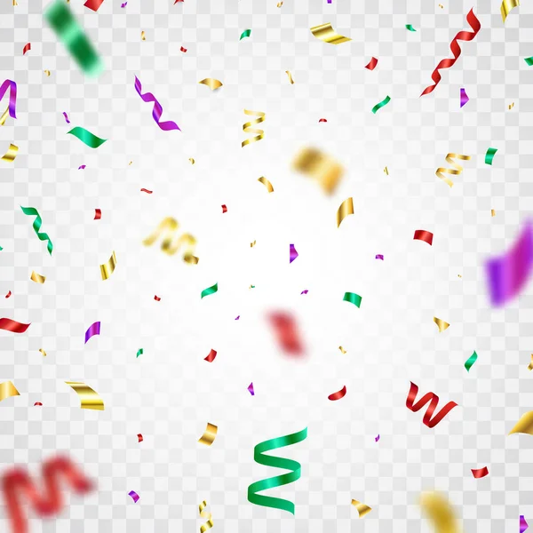 Kleurrijke Confetti Valt Transparante Achtergrond Glanzend Feestelijk Papier Glitter Tinsel — Stockvector