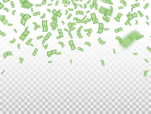 美元钞票落在透明的背景上 美元图标爆炸 钱是扁平的 卡通现金标志 收集货币 大获全胜矢量说明 — 图库矢量图片