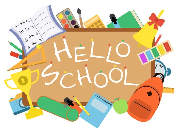 Hallo School Banner Met Schoolbord Student Items Witte Achtergrond — Stockvector