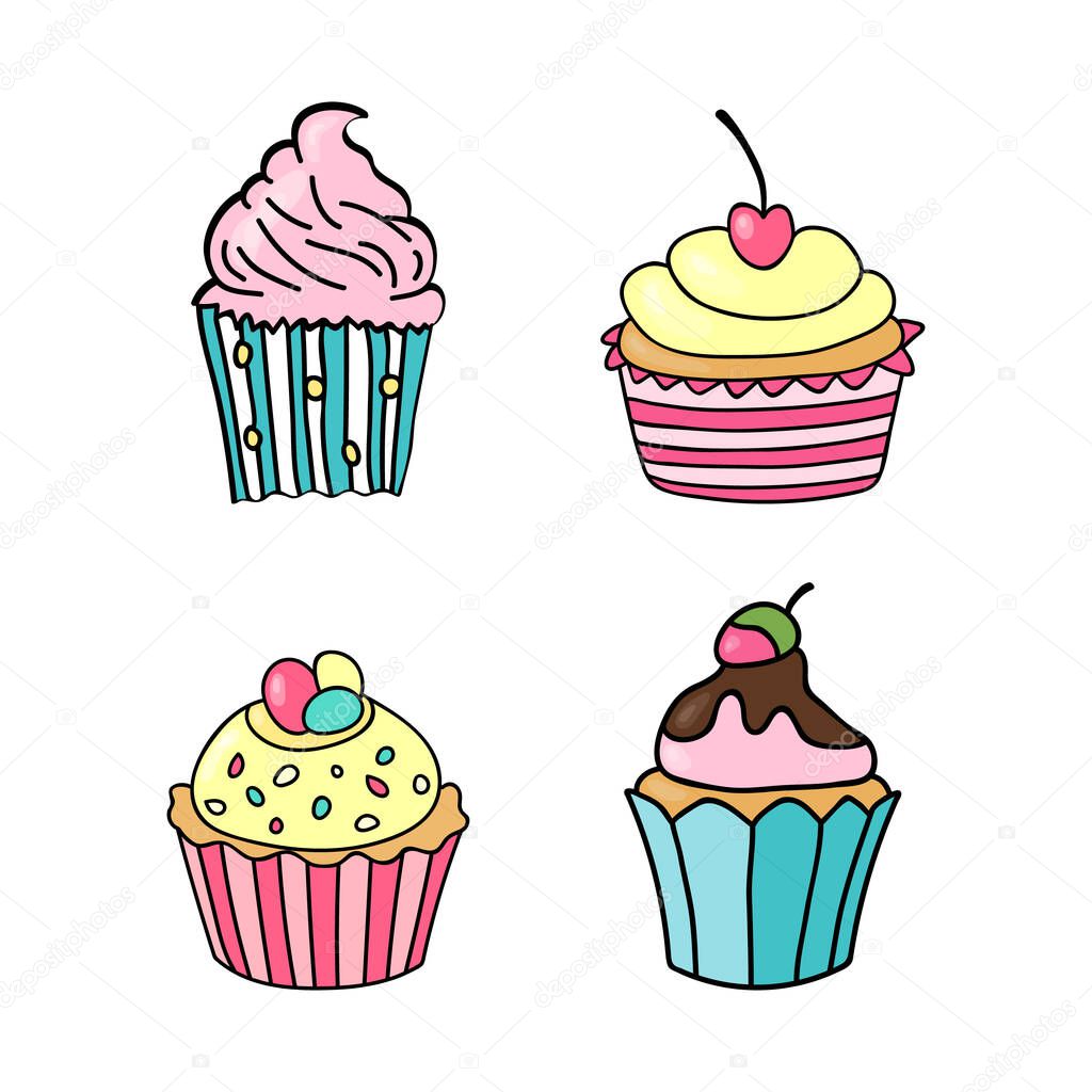 Sweet cupcake. Set of hand drawn cupcakes. Doodle cakes with cream and berries. Vector illustration.