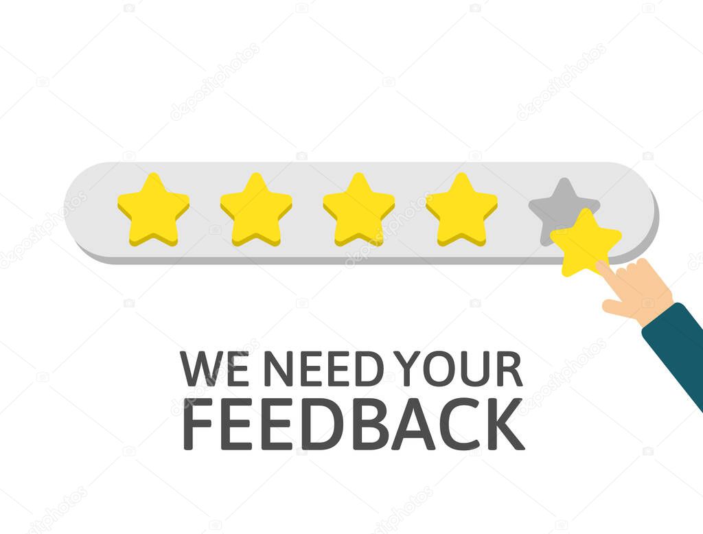 Star rating. Businessman holding a gold star in hand, to give five. Feedback concept. Happy customer, satisfaction clients. Evaluation system. Quality work. Positive review. Vector illustration.