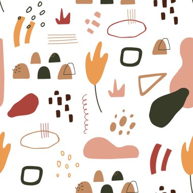 Çağdaş sanat kusursuz desen. Minimum kapak tasarımı. Soyut geometrik doku. Kağıt kesiği nesneler. Terracotta renklerinde organik şekiller. Vektör illüstrasyonu