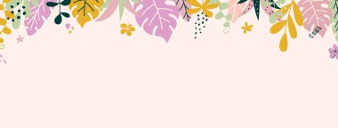 Tropikal yaprakları ve bitkileri olan uzun bir afiş. Kapak tasarımı Sosyal medya hikayeleri tasvir eder. Yaz tatili kavramı. Sınır, poster ve reklam için renk dekorasyonu. Vektör illüstrasyonu