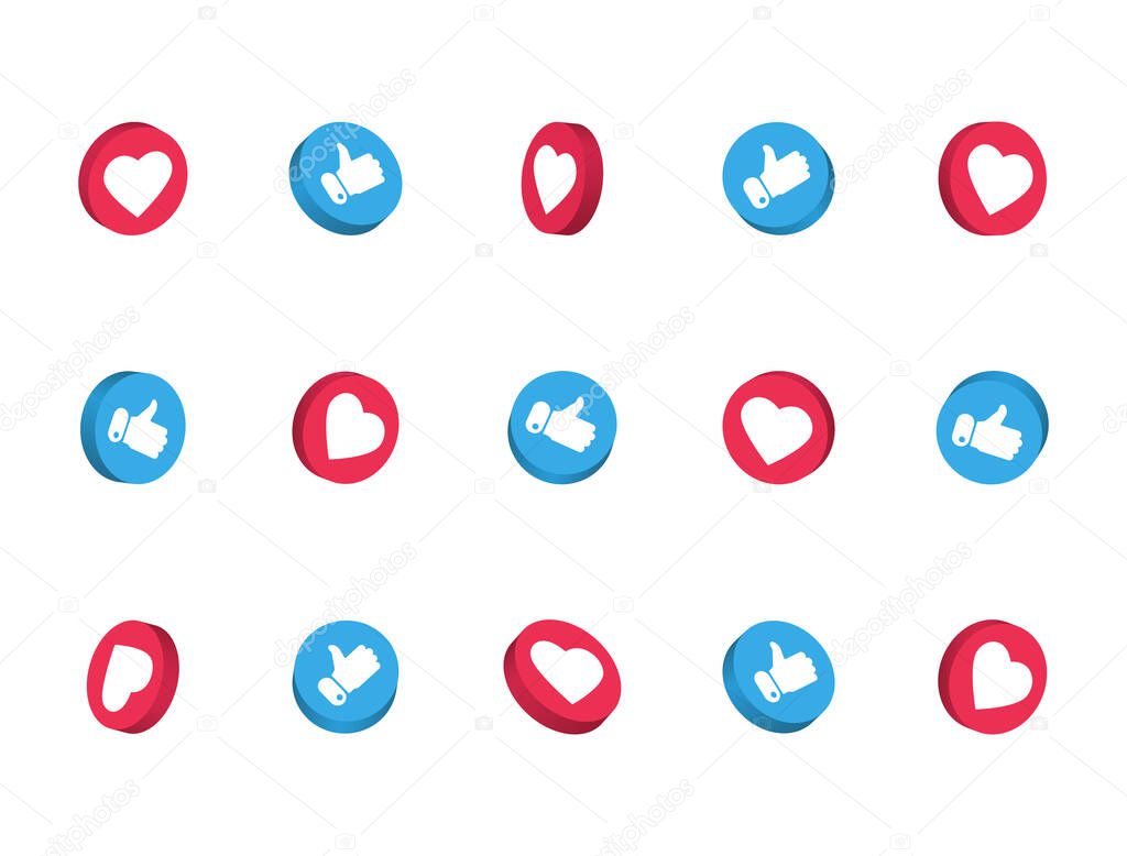 3d like and thumbs up icon set isolated on white background. Social network symbol. Counter notification. Social media elements. Emoji reactions. Vector illustration.