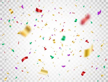Şeffaf arkaplana renkli konfeti düşüyor. Parlak şenlikli konfeti ve süsler. Parlak parti arkaplanı. Web afişi, poster, broşür, davetiye için tatil tasarımı öğeleri. Vektör illüstrasyonu.