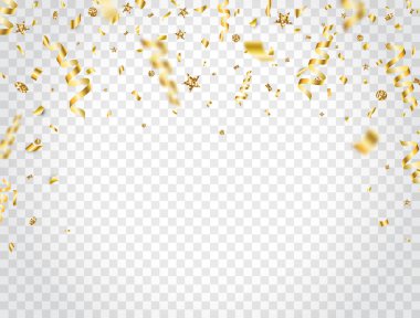 Şeffaf arka planda konfeti ve simler. Düşen parlak altın konfetileri. Parlak, altın renkli, gösterişli süsler. Parti arkaplanı. Noel, doğum günü ve düğün için özel tasarım öğeleri. Vektör illüstrasyonu.