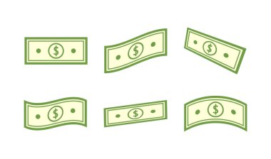 Dolar simgesi seti. Banknotların sembolü. Düz bir şekilde para. Çizgi film nakit levhası. Para koleksiyonu. Dolar banknotları. Kağıt banknotlar. Büyük ikramiye, büyük kazanç konsepti. Vektör illüstrasyonu.