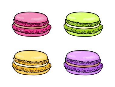 Makarna seti. Fransız rengarenk makaronu. Tatlı badem tatlısı. Vektör illüstrasyonu