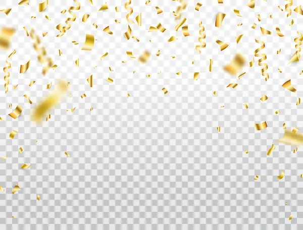 Şeffaf arkaplanda altın konfeti. Düşen parlak altın konfeti. Parti arkaplanı. Parlak, ışıltılı, gösterişli süsler. Web afişi, broşür, davetiye için tatil tasarımı ögesi. Vektör illüstrasyonu.