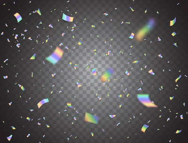 Holographic Shiny Falling Confetti Transparent Background Glitch Effect Rainbow Festive — Stock Vector