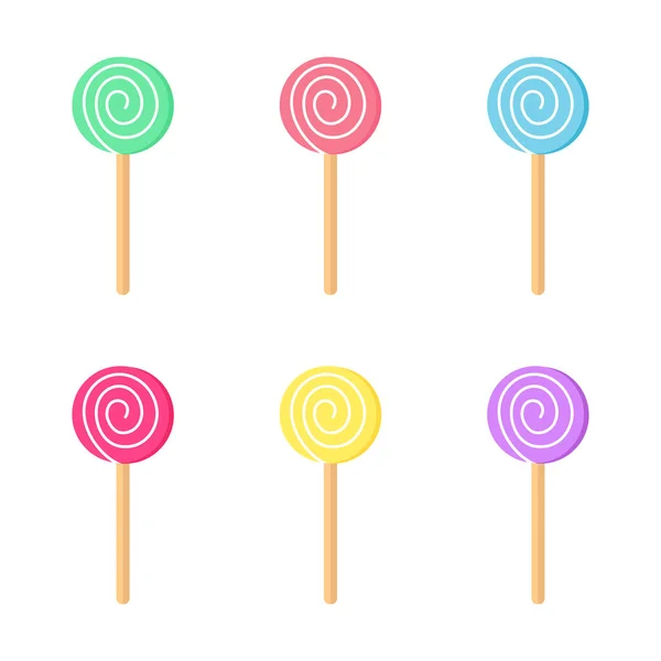 Lollipops juego de colores. Caramelo en palo con diseño retorcido. Ilustración vectorial — Vector de stock