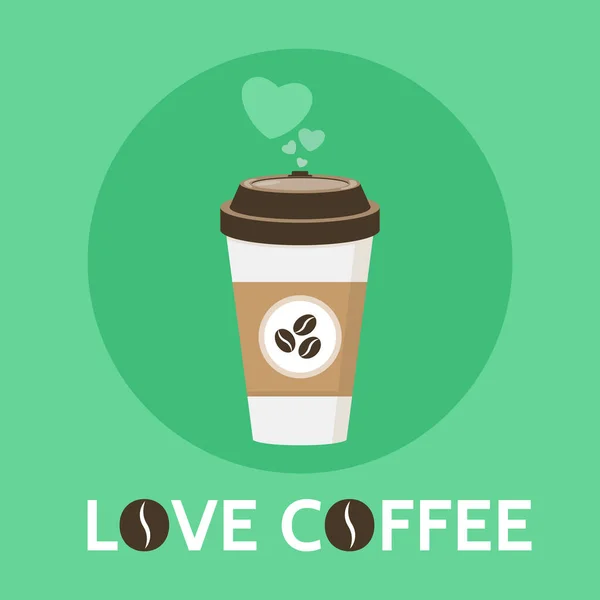 Koffie cup vector illustratie. Ik hou van koffie signe. Papieren koffiebeker in platte stijl. Geïsoleerd op groene achtergrond — Stockvector