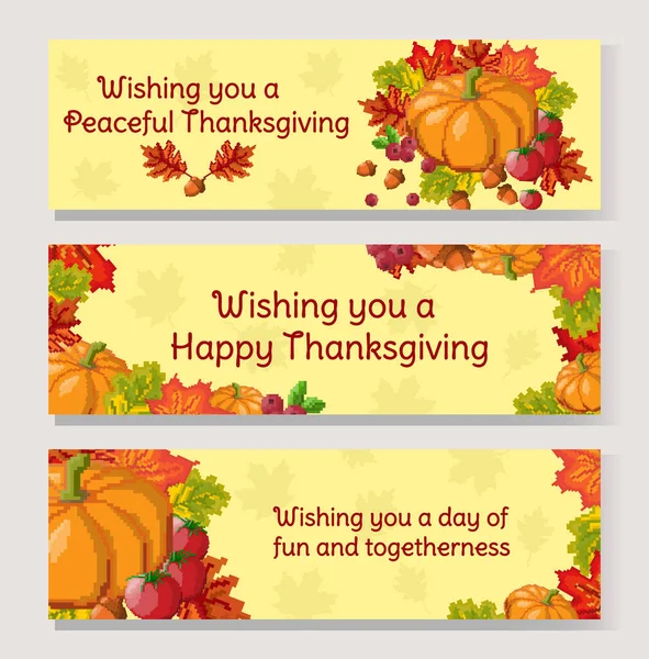 Ensemble de bannière pour Thanksgiving Day. Pixel art composition d'automne avec feuillage et légumes — Image vectorielle