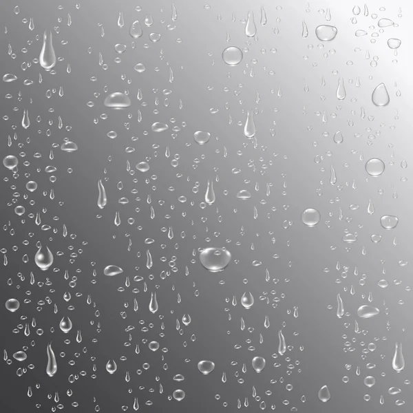 Água ou chuva cai fundo. Gotas puras realistas. Bolhas de água claras no vidro da janela. Solte o conceito de condensação. Ilustração vetorial — Vetor de Stock