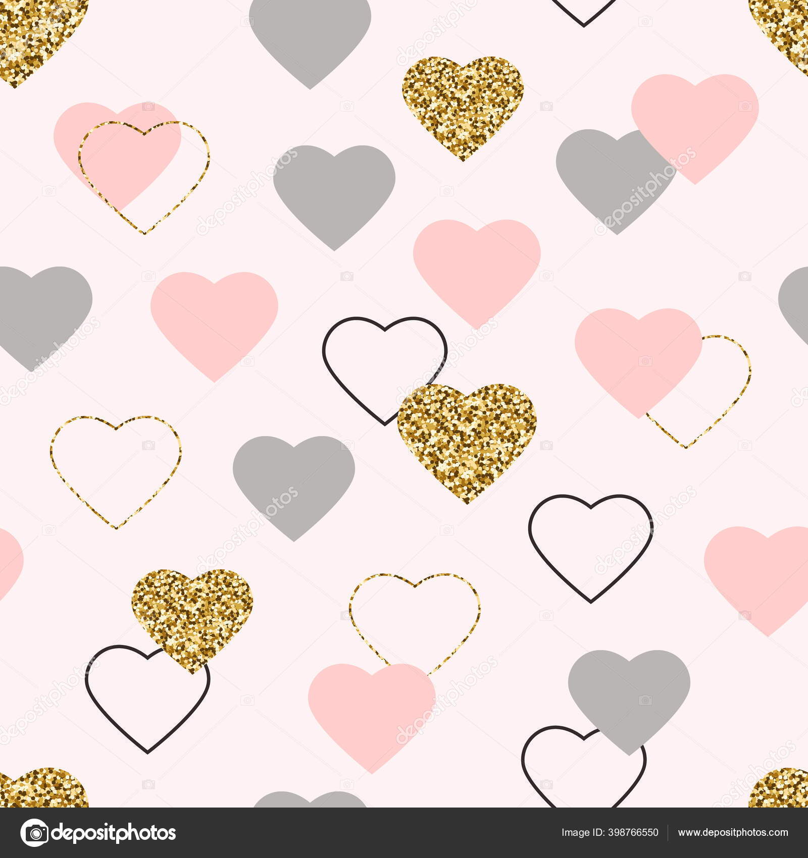 Seamless pattern background with gold glitter hearts. Vector