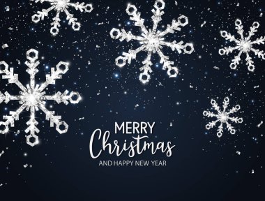Gümüş kar taneleri. Parlak gümüş kar taneleri, parıltılar ve yıldızlarla dolu bir Noel arkaplanı. Eşsiz el yazıları Mutlu Noeller diyor. Tebrik kartı için kış tatili tasarımı. Vektör illüstrasyonu.