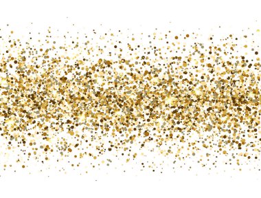 Parlak altın kenarı beyaz arka planda izole edilmiş. Lüks sim dekorasyon afişi. Altın parıltılar ve toz. Noel, doğum günü ve düğün için parlak bir tasarım. Vektör illüstrasyonu.
